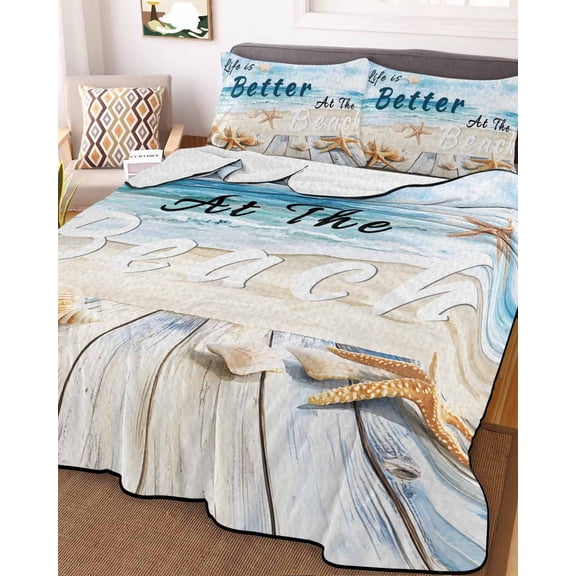 Summer Coastal Beach King Size Down Alternative Comforter, Lightweight Comforter Quilt Bedding Set with Pillow Shams Ocean Wave Starfish Shell All Seasons Bed Comforter Duvet Insert 96"x106"