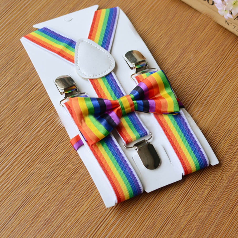Koojawind Kids Girls Boys Rainbow Multicolor Braces Suspenders and Rainbow Bow Tie Set Unisex Skinny Style Fully Adjustable Y-Shape Clip 