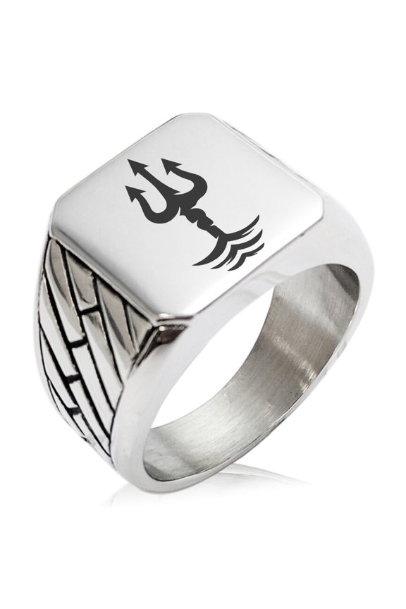 Stainless Steel Poseidon Greek God of Sea Geometric Pattern Biker Style Polished Ring
