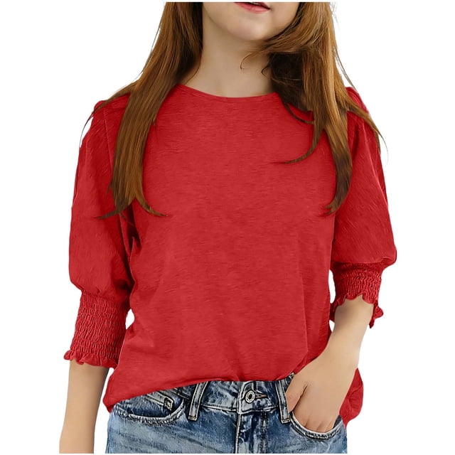 Zpanxa Chandails Athlétiques pour Filles Couleur Unie Manches Trois Quarts Col Rond Haut à Poignets Smockés Coton 10-11 Ans
