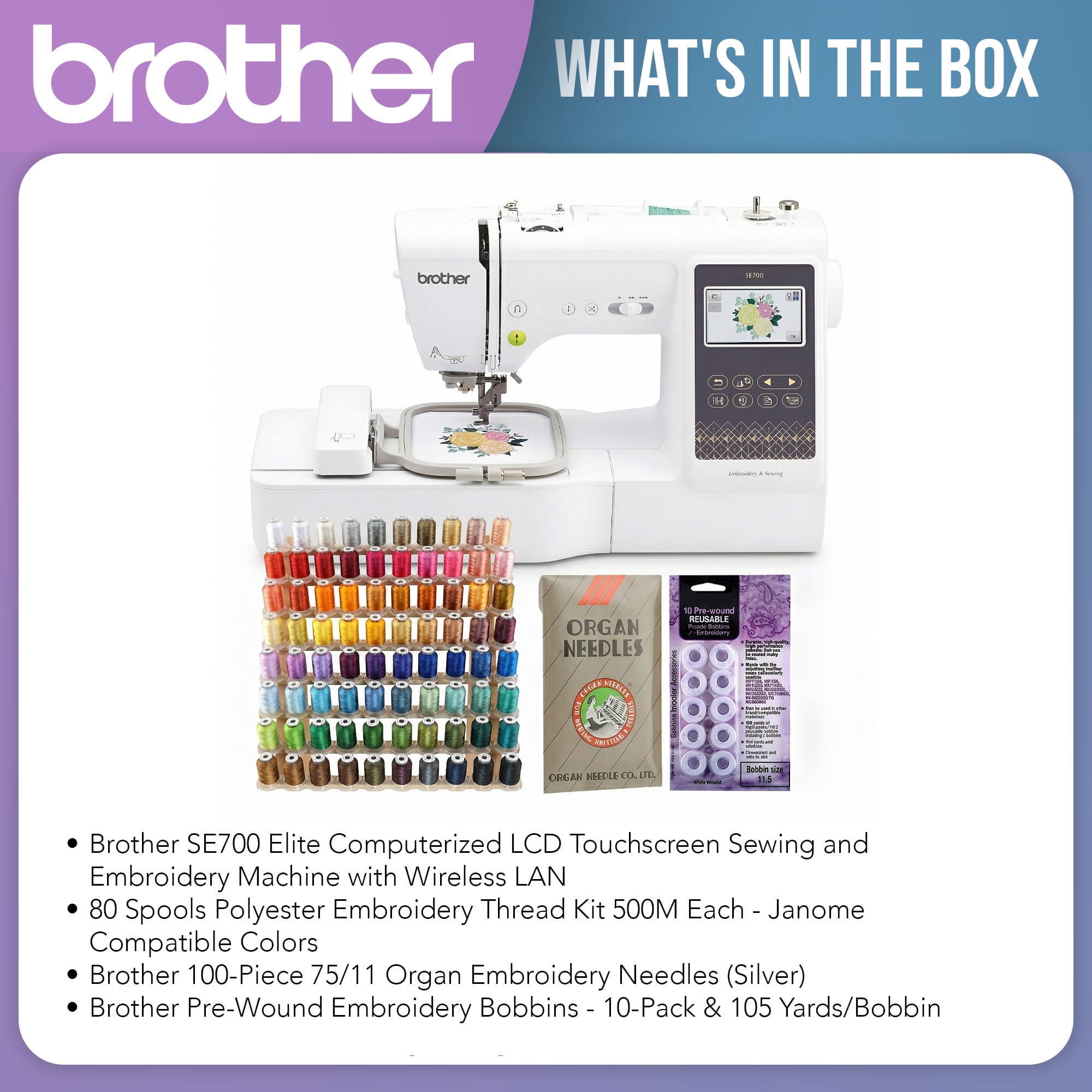 Brother Elite Computerized LCD Touchscreen Sewing and Embroidery Machine Kit Bundle with 80 Spools, 100 Needles and Bobbins (10-Pack)