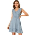 thumbnail image 1 of Vestido sin mangas con volantes y ribete de encaje con cuello en V para mujer Azul polvoriento XS, 1 of 6