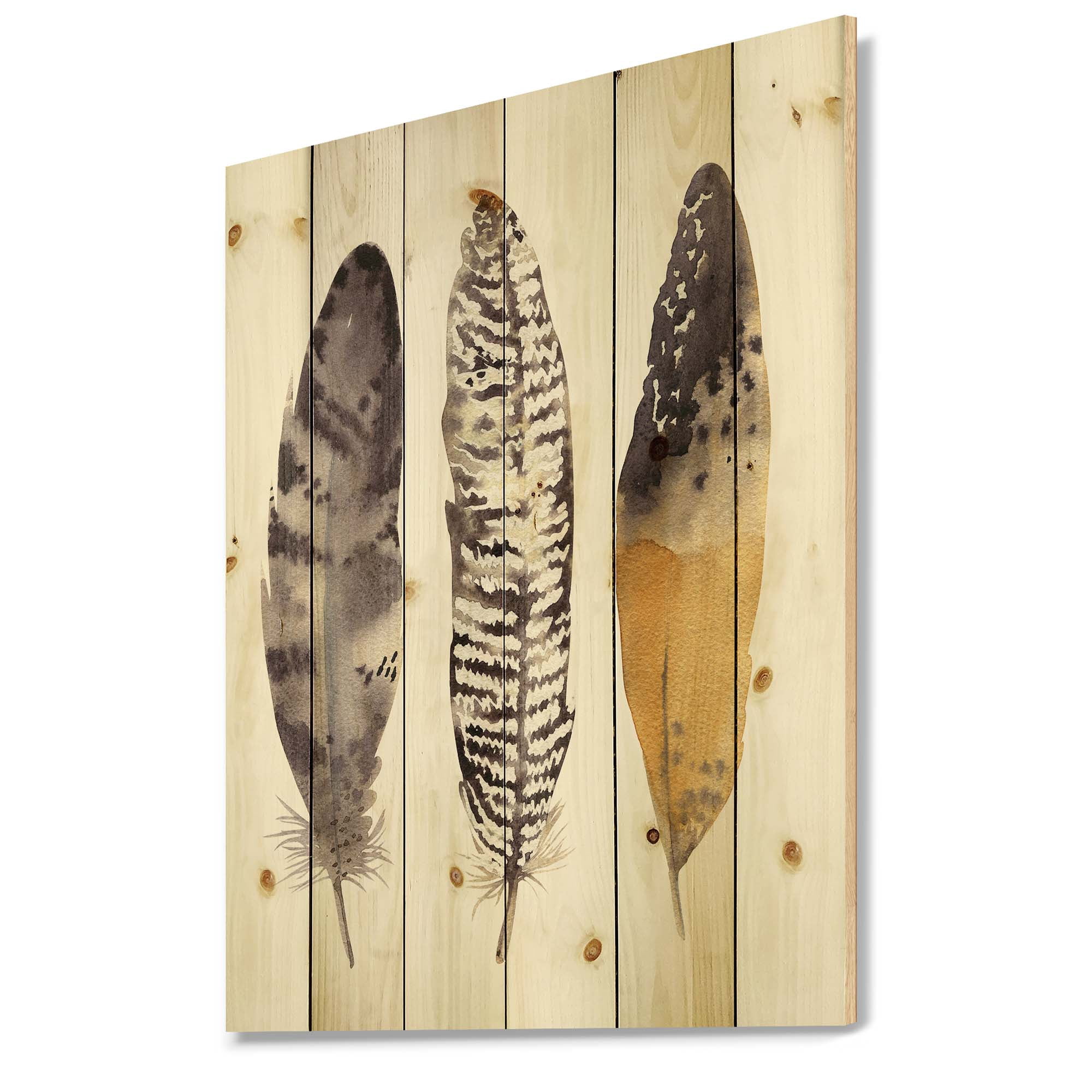 Designart 'Boho Ethnic Art Dark Gray Feathers III' Bohemian & Eclectic Print on Natural Pine Wood