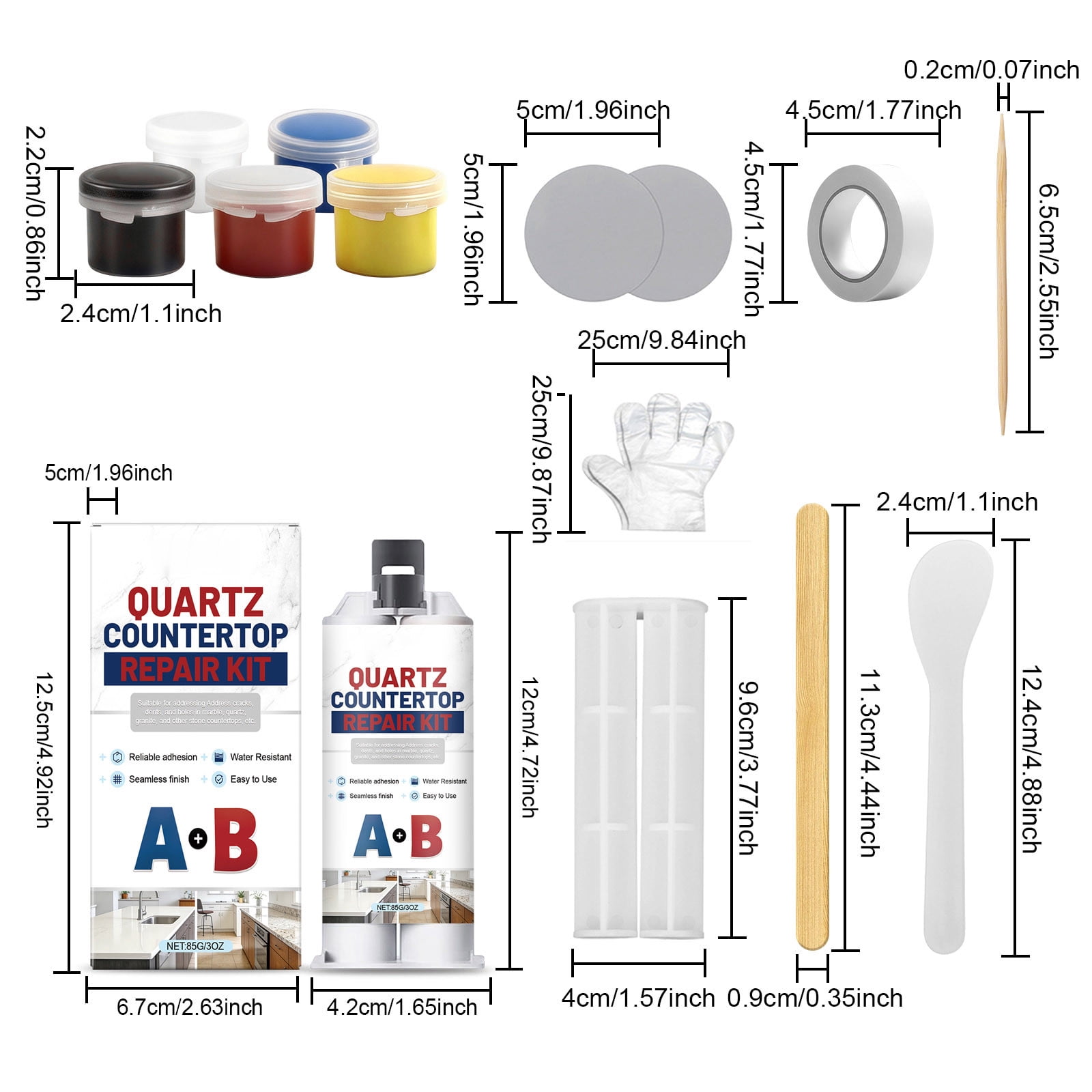 Countertop repair kit components for color matching and texture adjustment