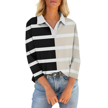 Womens 3/4 Sleeve Tops, Womens Blouse, Blouses & Button-down Shirts, Women's 3/4 Sleeve T Shirts Summer V Neck Button Down Shirts Collared Casual Printed Loose Fit Tops, Black, XL