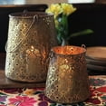 thumbnail image 6 of Grand Tour Temple Bell Lanterns, Set of 2, Lattice Lace Pattern, Hurricanes, Gold Finish, Iron, 8.75 and 6 Inches, Loop Handles, Removable Inner Glass Sleeve, 6 of 6