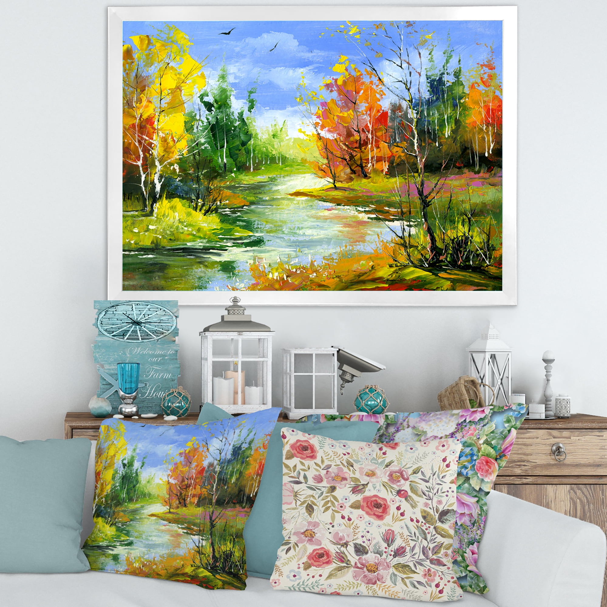 Designart 'Autumn Landscape With Forest and River' Lake House Framed Art Print