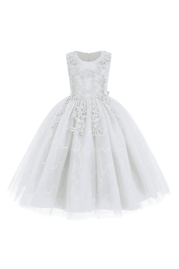 Flowers Girls Tulle Lace Dress for Kids Wedding Bridesmaid Pageant Birthday Party Communion Formal Princess Prom Maxi Gown 6-7 Years White