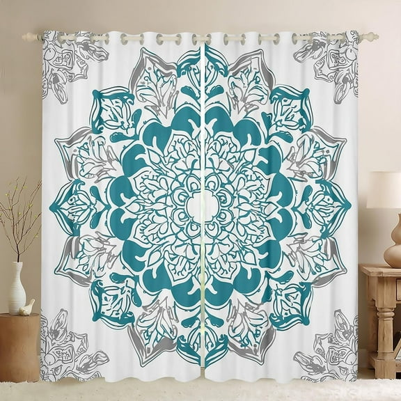 Boho Mandala Curtains for Bedroom Living Room Kids Bohemian Style Blackout Curtains Hippie Mandala Darkening Drapes White Teal Blue Window Treatments 53"W x 84"L (Pack of 2)