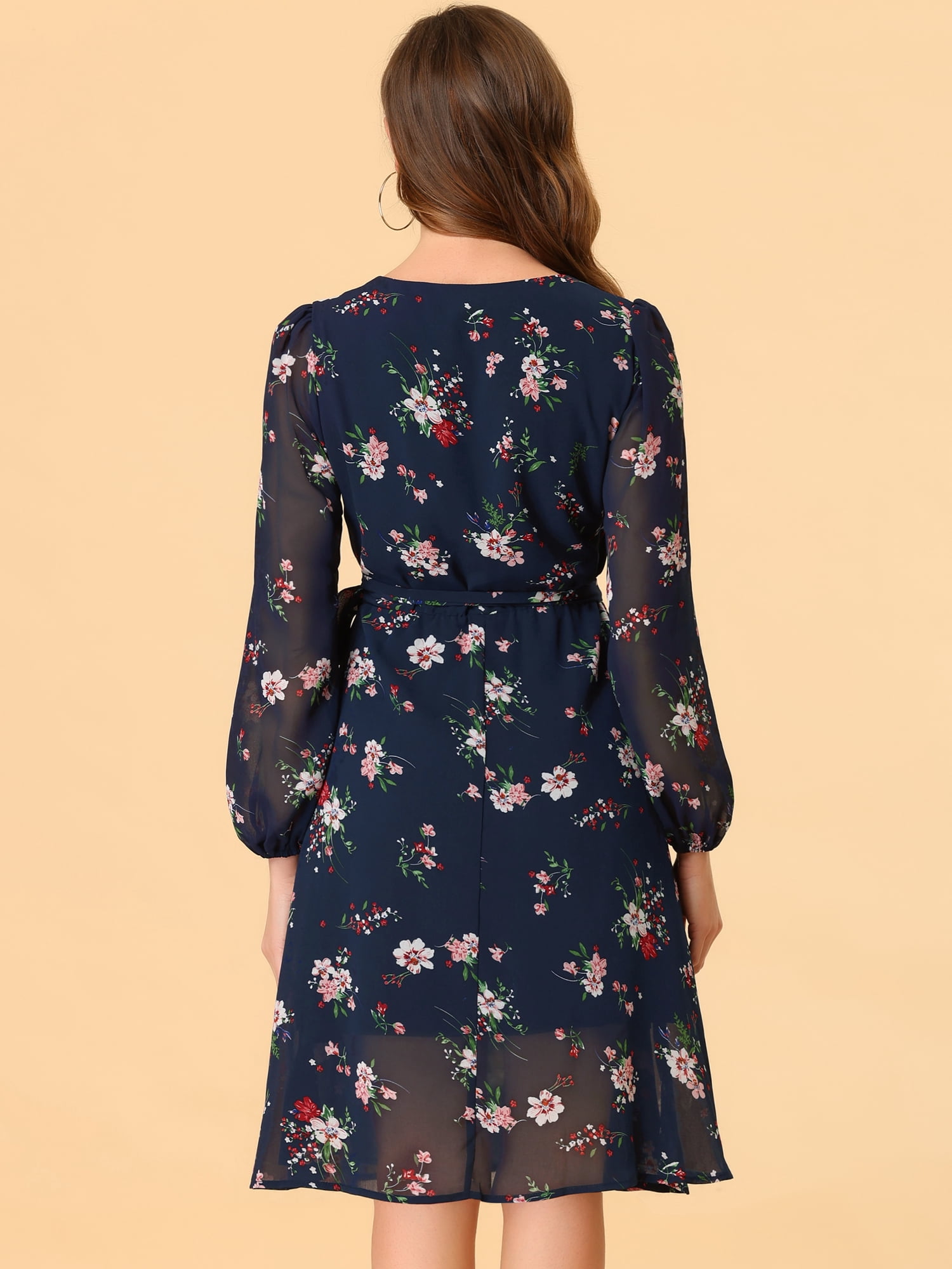 DARING DIVA Boho Floral V Neck Bishop Sleeve Below The Keen Wrap Dress XL Dark Blue