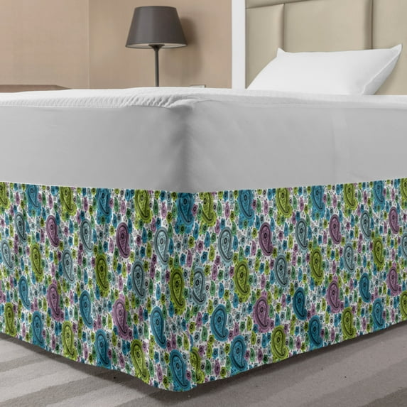 Blue Paisley Bed Skirt, Ethnic Motifs Colorful Sketch Motif Illustration on Plain Backdrop Print, Elastic Bedskirt Dust Ruffle Wrap Around for Bedding Decor, 4 Sizes, Multicolor, by Ambesonne