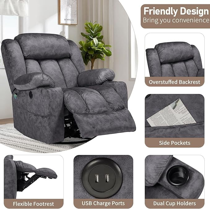 EPICOZY Swivel Rocker Recliner Chair with Heat and Massage, Manual Glider Rocking Reclining Chair, 360° Swivel Overstuffed Lounge Chair with 2 Cup Holders, Side Pockets & USB Ports, Fabric Grey