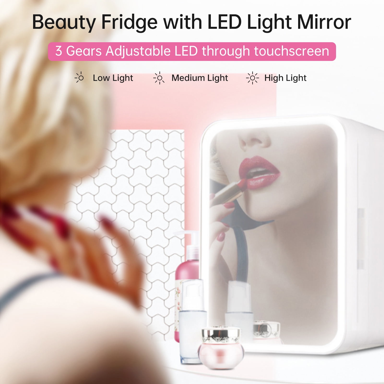 LAZIOEGR White 4L Skincare Fridge, Dimmable LED Mirror Door Portable Personal Refrigerator Cooler and Warmer, 10.63 x 8.66 x 7.08 inches / 27 x 22 x 18 cm, 110V US