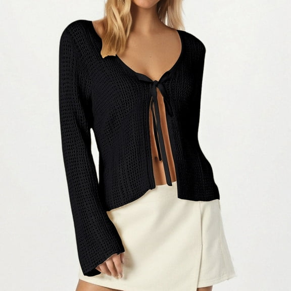 Women's Lace Up Knitted Cardigan With Hollow Out Design For Sun Clothes for Women Cardigan Thin Sweater Cardigan Long Sleeve Loose Cardigan Pregnancy Sweaters for Women Knit Long Sweater Womens Button