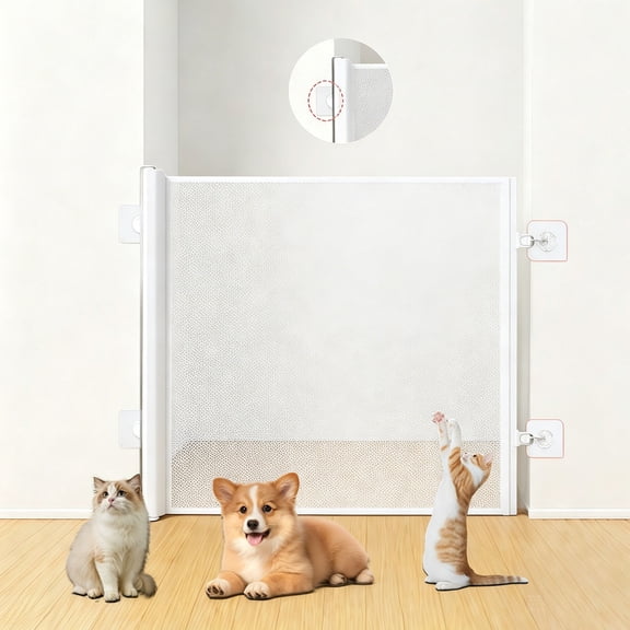 Retractable Easy Install Dog Gate No Drilling Screen Cat Mesh Gate Door for House Doorways Stairs Safety 43 x 30 Inches Large Pets Portable Adjustable with 6 Hanging Hooks Indoor Door - White
