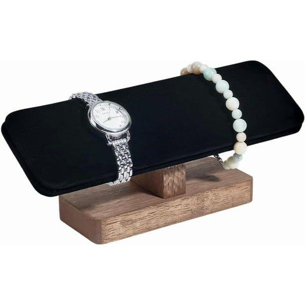 Exhibidor de relojes de madera de 19,8 x 6 x 8,5 cm. Exhibidor de pulseras de terciopelo negro con base de madera. Organizador rectangular de pulseras. Torre de exhibición de relojes.