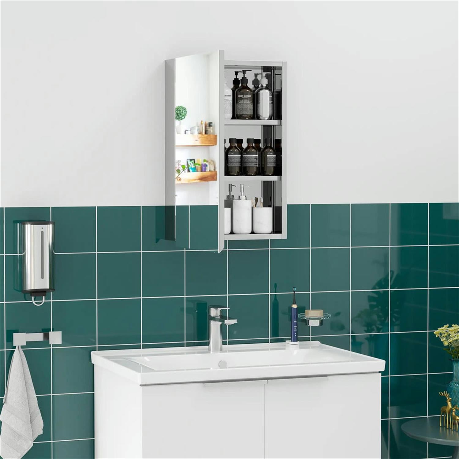 Demi Bonn Wall-Mounted Medicine Cabinet with Mirrored Door 3-Shelf Storage, Modern Bathroom Organizer, Space-Saving Cabinet, Silver