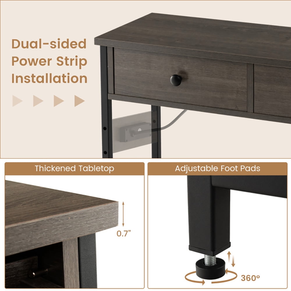 Resenkos Narrow Console Table with 2 Drawers and 2 Metal Mesh Shelves-Gray, Narrow Console Table, Entryway Hall Table with Shelves for Foyer & Entry Spaces