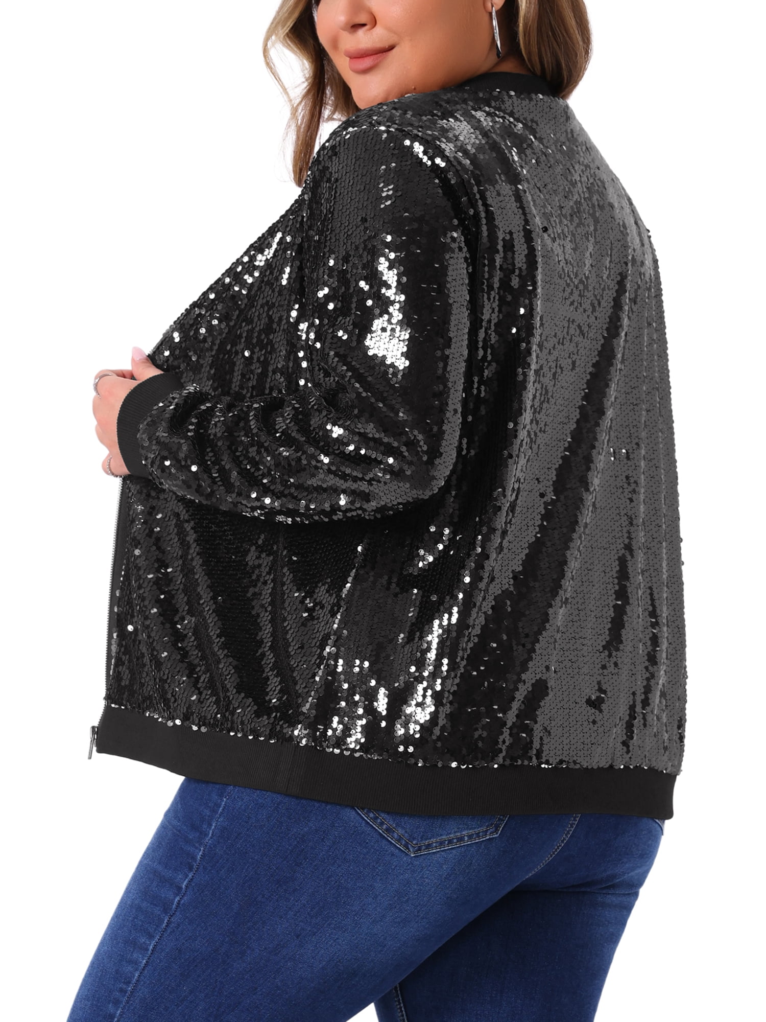 DARING DIVA Women's Plus Size Shiny Glitter Sequin Bomber Jacket 2X Black