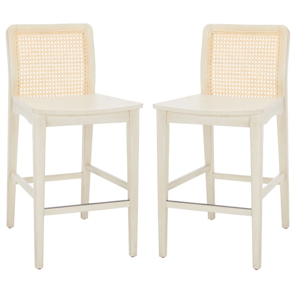 SAFAVIEH Benicio 38" Rattan Counter Stool, White Body/Natural Back Rest, Set of 2