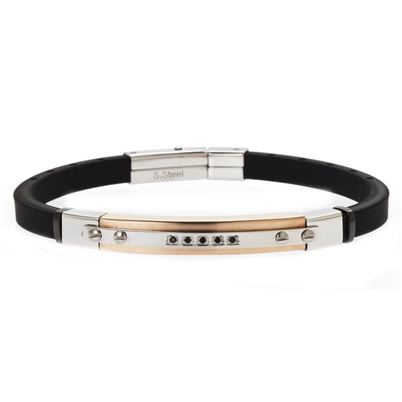 Arista Cubic Zirconia Diamonds Men's Bracelet in Black Rubber And Rose Plated Stainless Steel , 8.5"