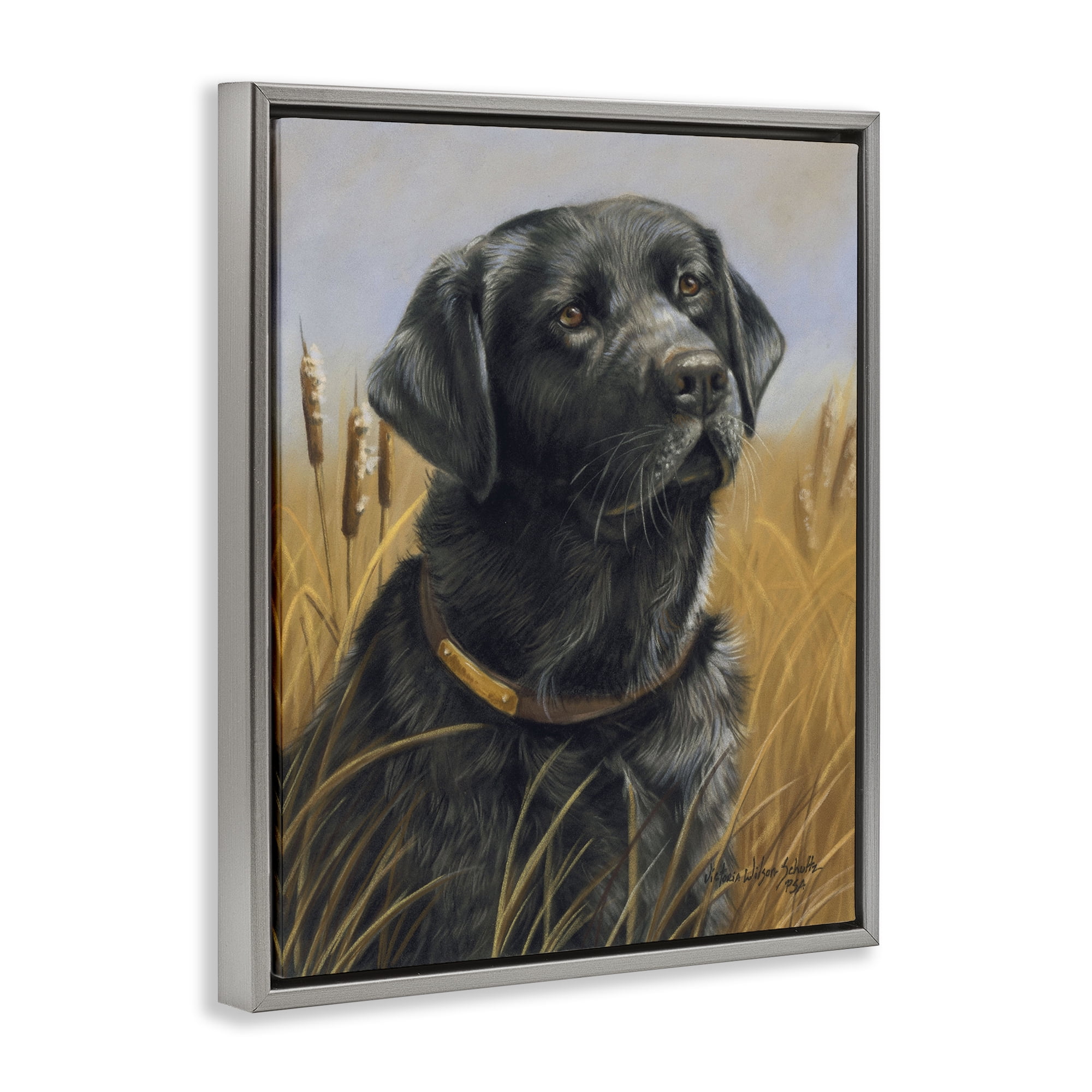 Stupell Industries Black Lab in Nature Animals Painting Gray Floater Framed Canvas Art Print Wall Art, 17 x 21