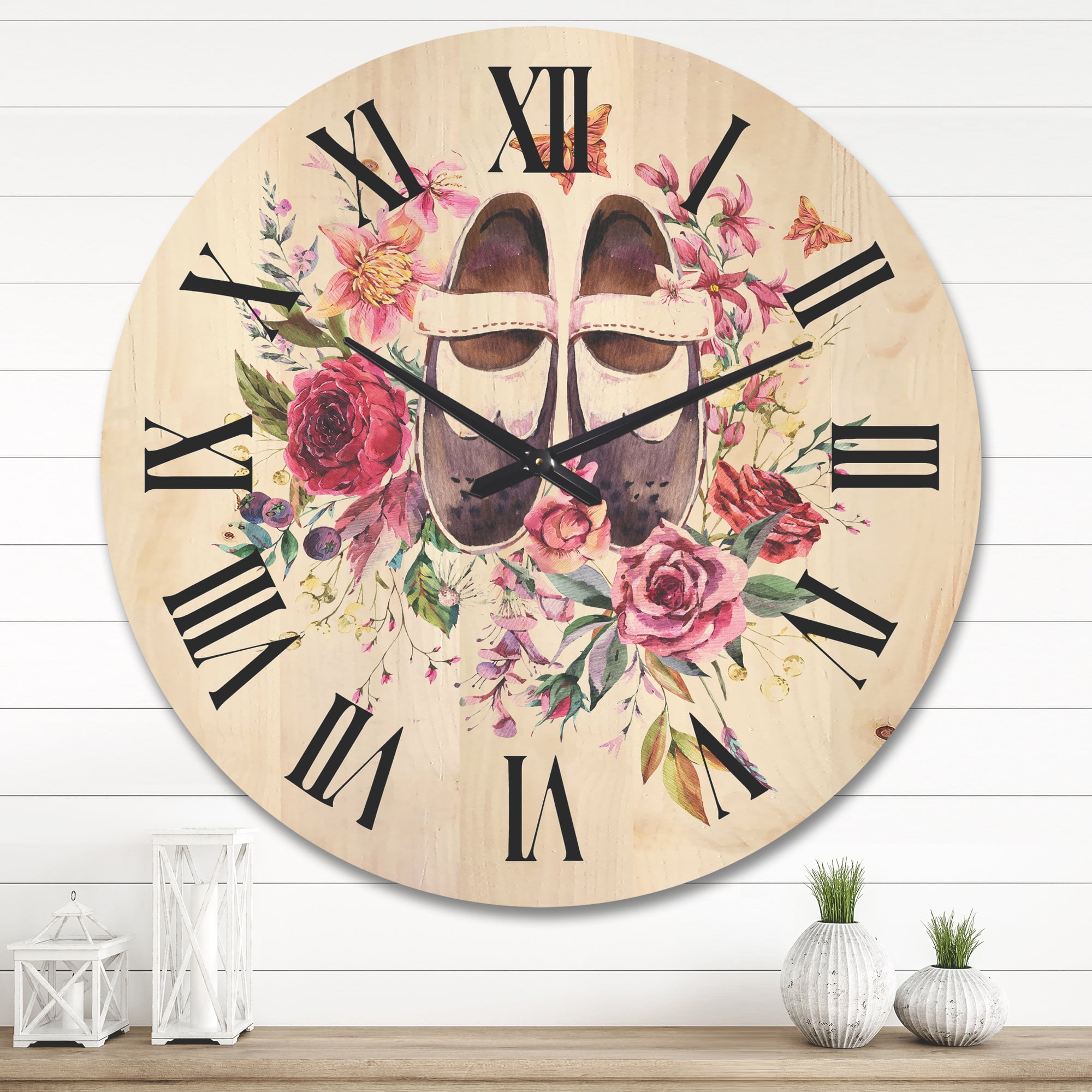 Designart 'Wildflowers With Ancient Oxford Shoes' Farmhouse Wood Wall Clock