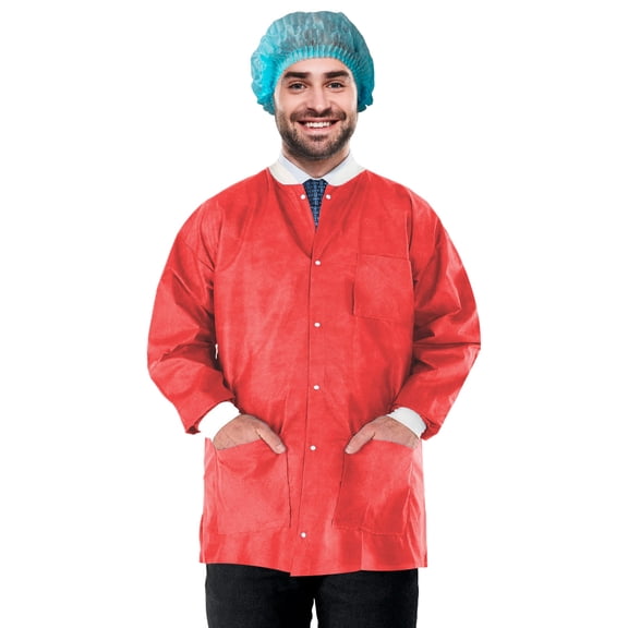 Disposable Lab Jackets SMS 50 GSM Red Small 29 in Long with Snap Front 100 count pack