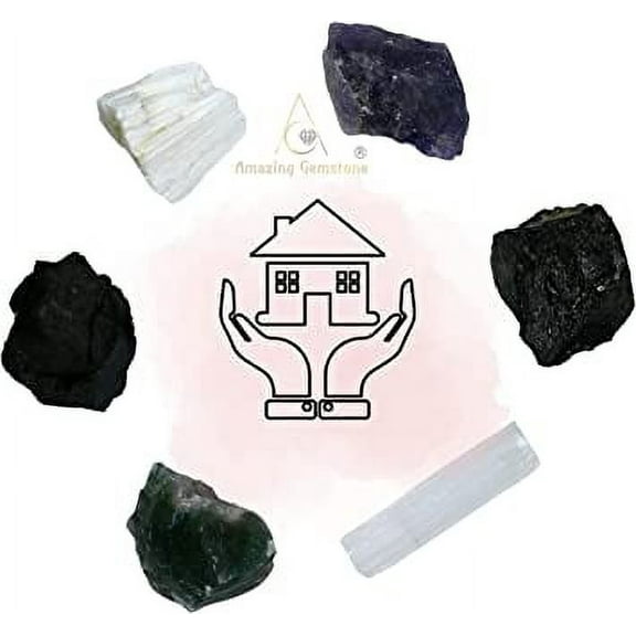 House Protection Crystal Stone Set - Amethyst Scolecite Shungite Black Tourmaline Selenite Moss Agate
