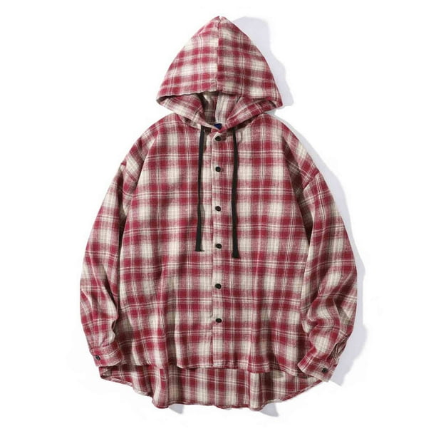 Blusa de manga larga con capucha para hombre, estilo holgado, a cuadros, con botones y cordón ajustable, de poliéster.