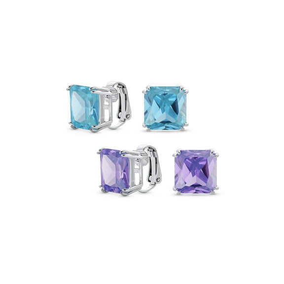 Bling Jewelry Womens Set of 2 Large 5CT Aqua Blue Lavender Square CZ Solitaire Clip-On Earrings 12MM