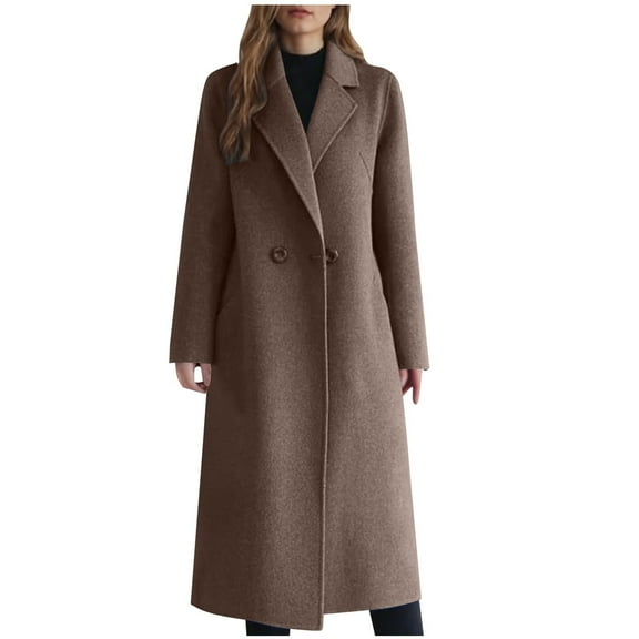 RYRJJ Women's Winter Double Breasted Wool Coats Long Sleeve Notch Lapel Long Trench Coat Dressy Casual Peacoat Outwear(Coffee,XL)