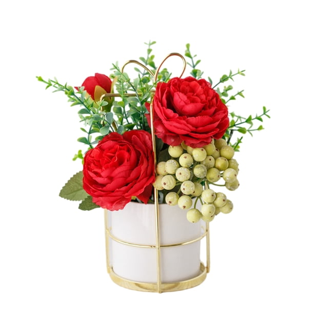 Bewildely Fácil de limpiar, flores artificiales ecológicas de mantenimiento de flores de hortensia de seda de peonía falsa con florero Decoración pinelia roja