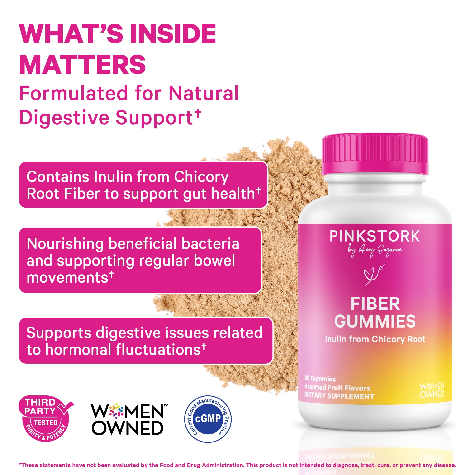 Pink Stork Fiber Gummies - Vegetarian Prebiotic Inulin Digestive Support, Assorted Fruit Flavors, 60 Count