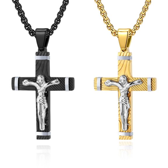 Metaljc Stainless Steel Cross Pendant Necklace for Men, 24" Chain, Religious Jewelry Gift, 2 PCS