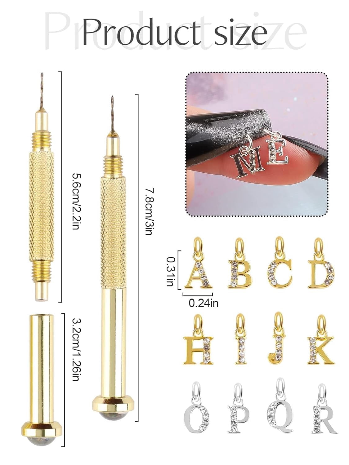 Letter Dangle Nail Charm for Valentine's Day, 3D Piercing Alphabet Rhinestone Alloy Jewelry Hoops with Nail Piercing Tool for Nail Art Decoration
