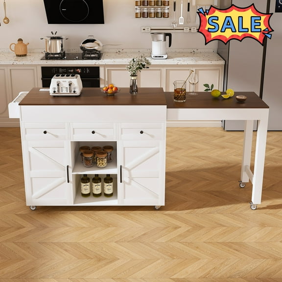 Tcbosik Rolling Kitchen Island with Extendable Dining Table, Island Table with Charging Station, Mobile Storage Cabinet with 2 Doors and 3 Drawers, Space Saving, White Walnut