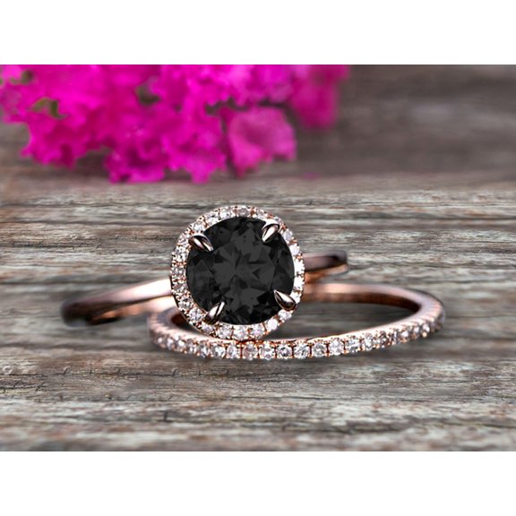 Round Cut 1.75 Carat Black Diamond Moissanite Engagement Ring Bridal Set 10k Rose Gold Art Deco Matching Wedding Band Anniversary Gift