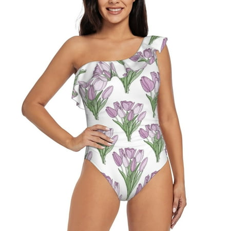 Rateoe Tulips Flowers Pattern Women One Piece Swimsuits Tummy Control One Shoulder Bathing Suits Ruffle Swimwear-X-Large