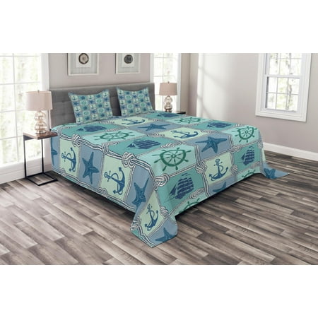Nautical Patchwork Quilt Ships Wheel Bedspread Set, Nautical Patchwork Pattern with Rope Starfish Sailing Ship Anchor and Wheel, Decorative Quilted Coverlet Set with Pillow Shams Included, Turquoise Navy, by Ambesonne ()