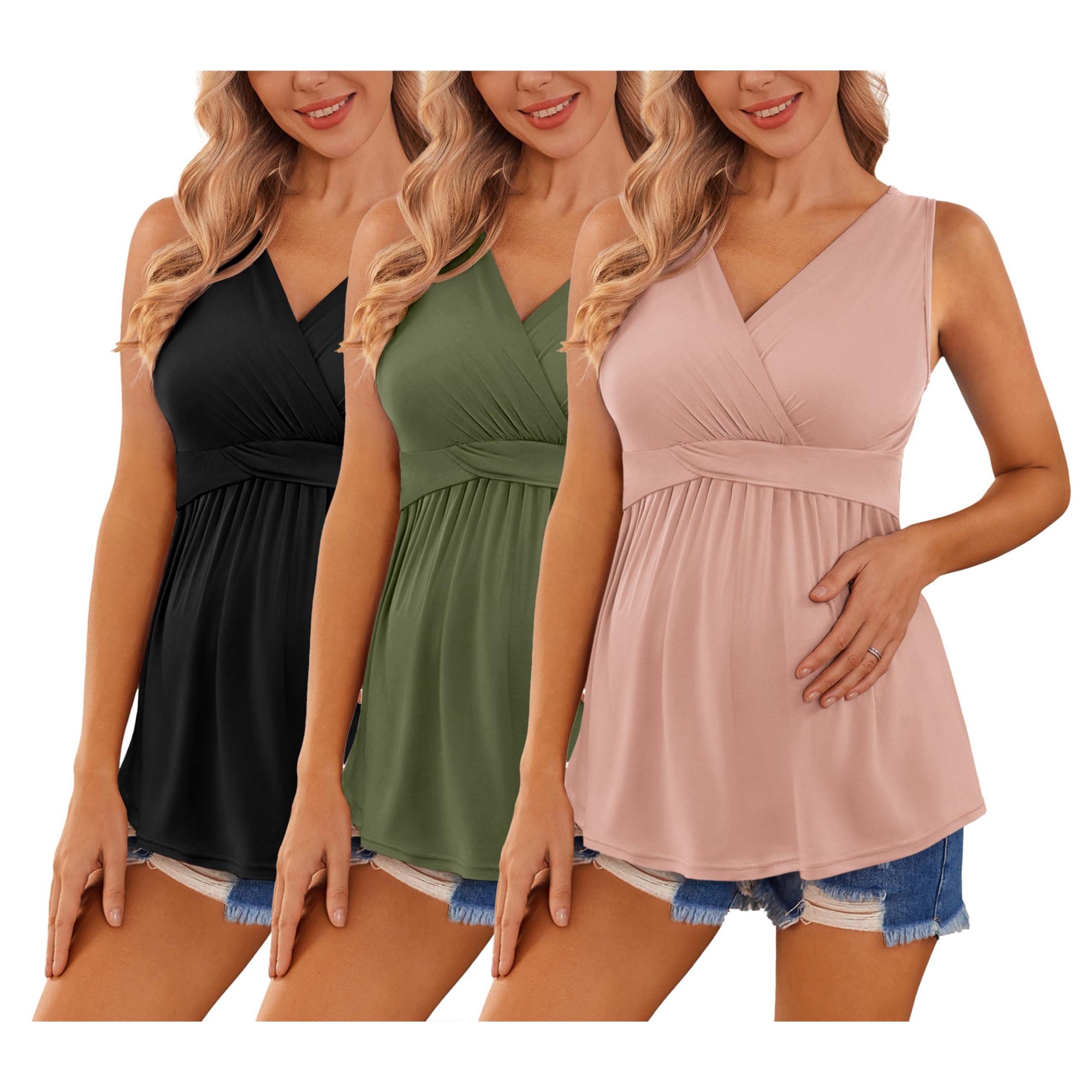 Ekouaer Maternity Shirts 3 Packs Summer Sleeveless Pregnancy Tops V Neck Nursing T-Shirts Black/Pink/Army Green