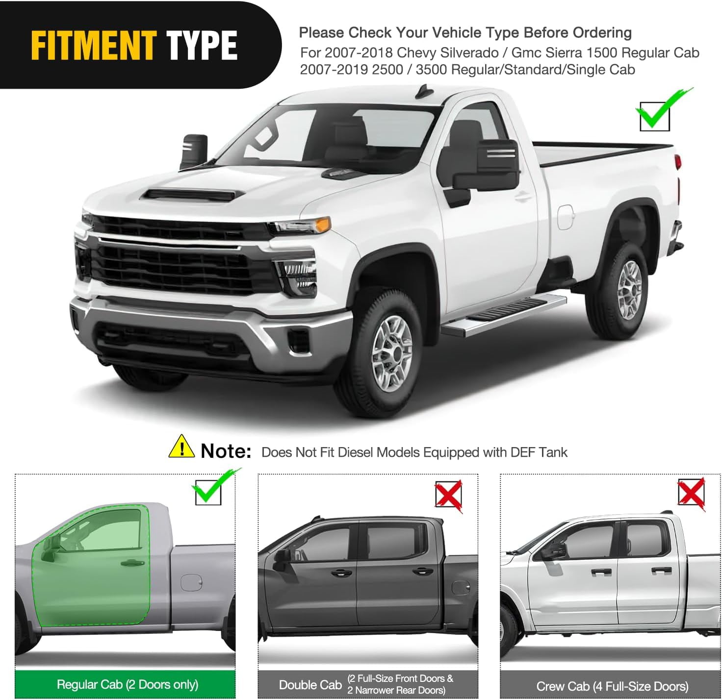 Nilight Running Boards for 2007-2018 Chevrolet Silverado GMC Sierra 1500HD 2007-2019 Chevy Silverado GMC Sierra 2500HD 3500HD Regular Standard Single Cab 6 Inch Side Step Nerf Bars Stainless Steel