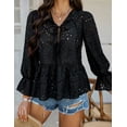 thumbnail image 3 of Women's Tie Front Peplum Blouses Puff Long Sleeve Babydoll Bow Shirts Hollow Out Eyelet Lace Tops, 3 of 7
