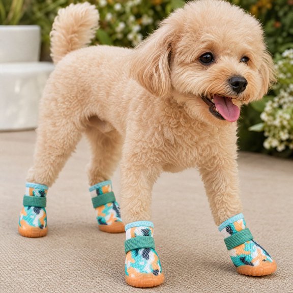 4 Pack,Dog Boots & Paw Protectors with Breathable Mesh Fabric,Dog Shoes for Summer for Hot Pavement Small Dogs,Puppy Shoes for Small Dogs with Adjustable Straps,1 Pack