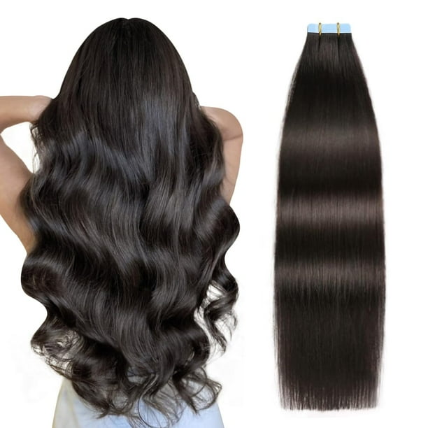 SUYYA Extensiones de cabello con cinta adhesiva de cabello humano Remy de 14 pulgadas, 1.41 oz/paquete, 20 piezas rectas sin costuras, trama de piel negra natural, extensiones de cabello humano (14 pu