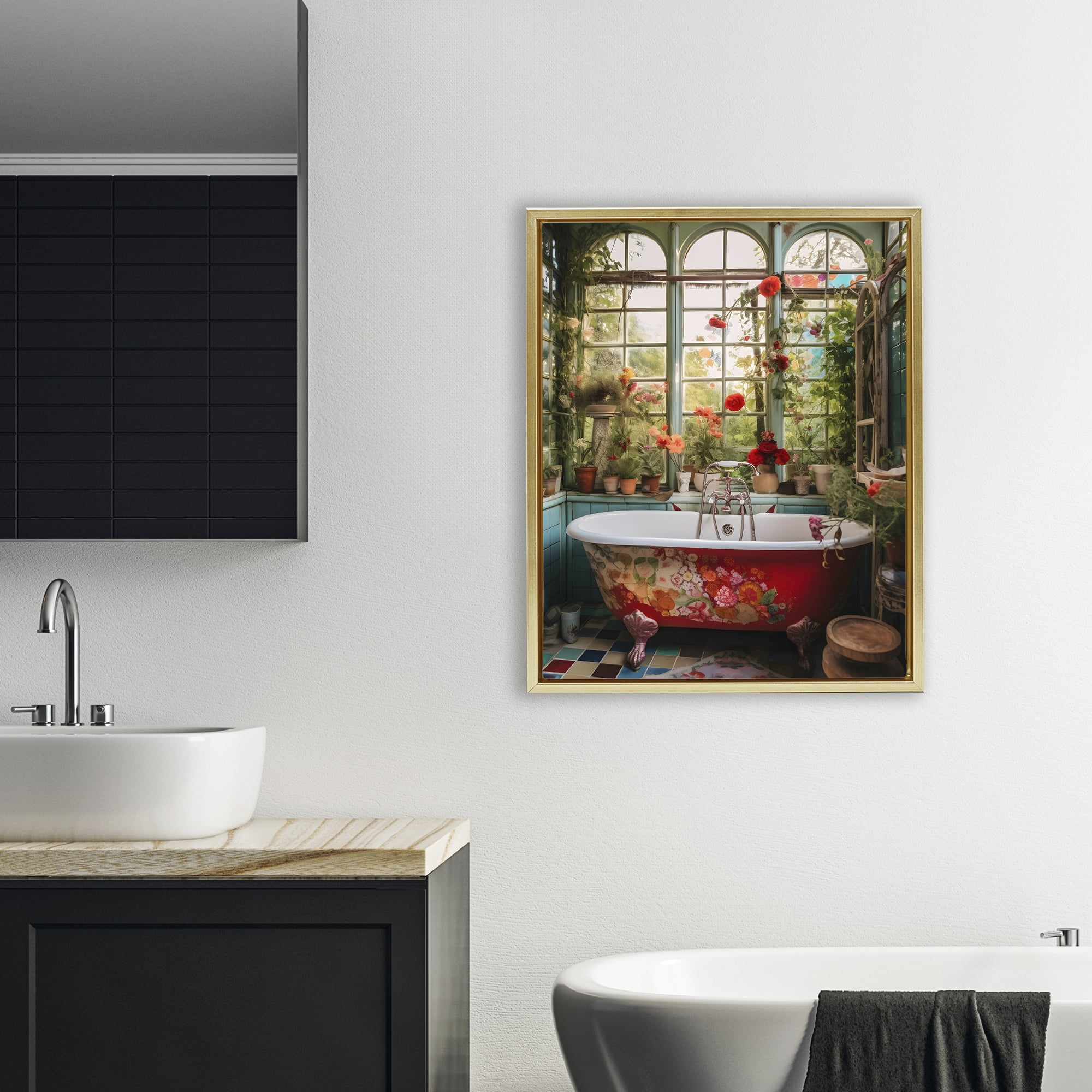 Floral Sunroom Tub Gold Framed Floater Canvas Wall Art, design by Lettered and Lined