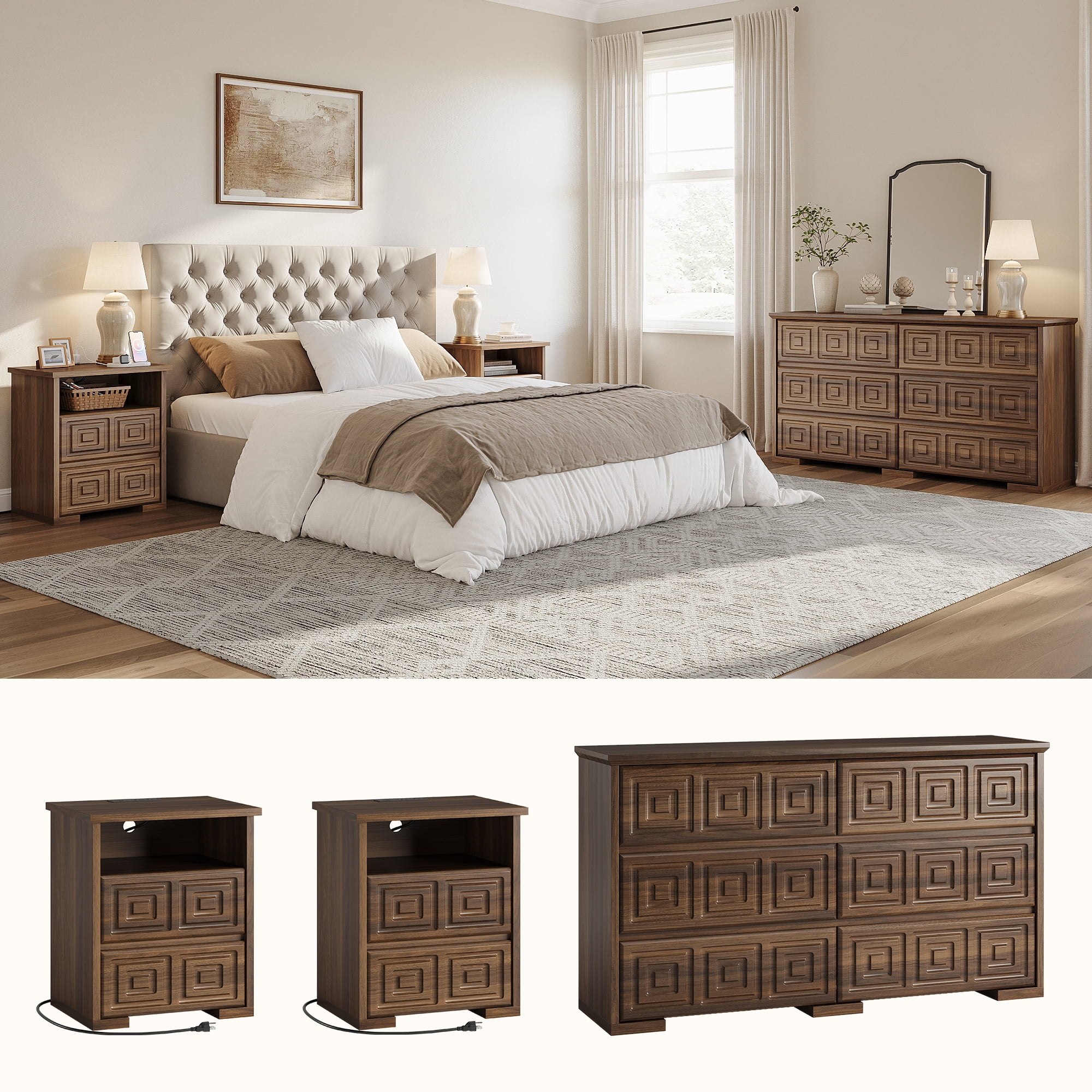 Aufeile Farmhouse Dresser for Bedroom, 54" Wide 6 Drawer Dresser with Carved Panels, Rustic Wooden Chest of Drawers, Long Bedroom Dresser Storage Cabinet for Living Room, Walnut