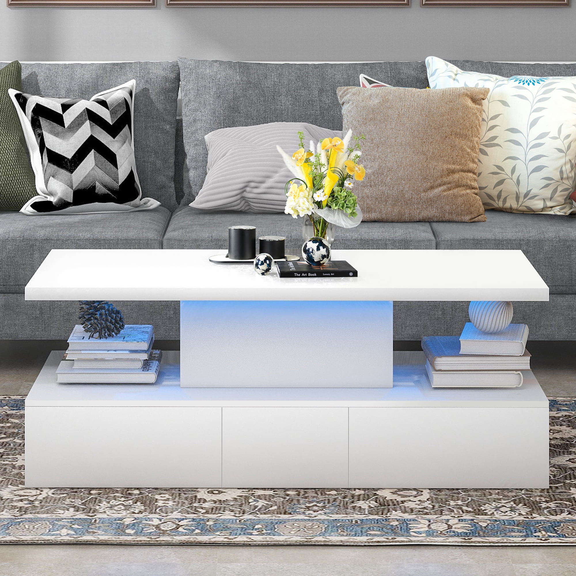 White LED Coffee Table for Living Room, PAPROOS Modern High Glossy Center Table with 4 Drawers, Smart Cocktail Table Rectangle, Sofa Side Tea Tables with LED Lights, 41"L×25"W×16"H