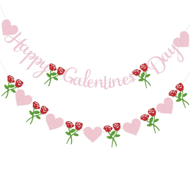 Banner Neyeidru Happy Galentines Day, rosa con purpurina en forma de corazón