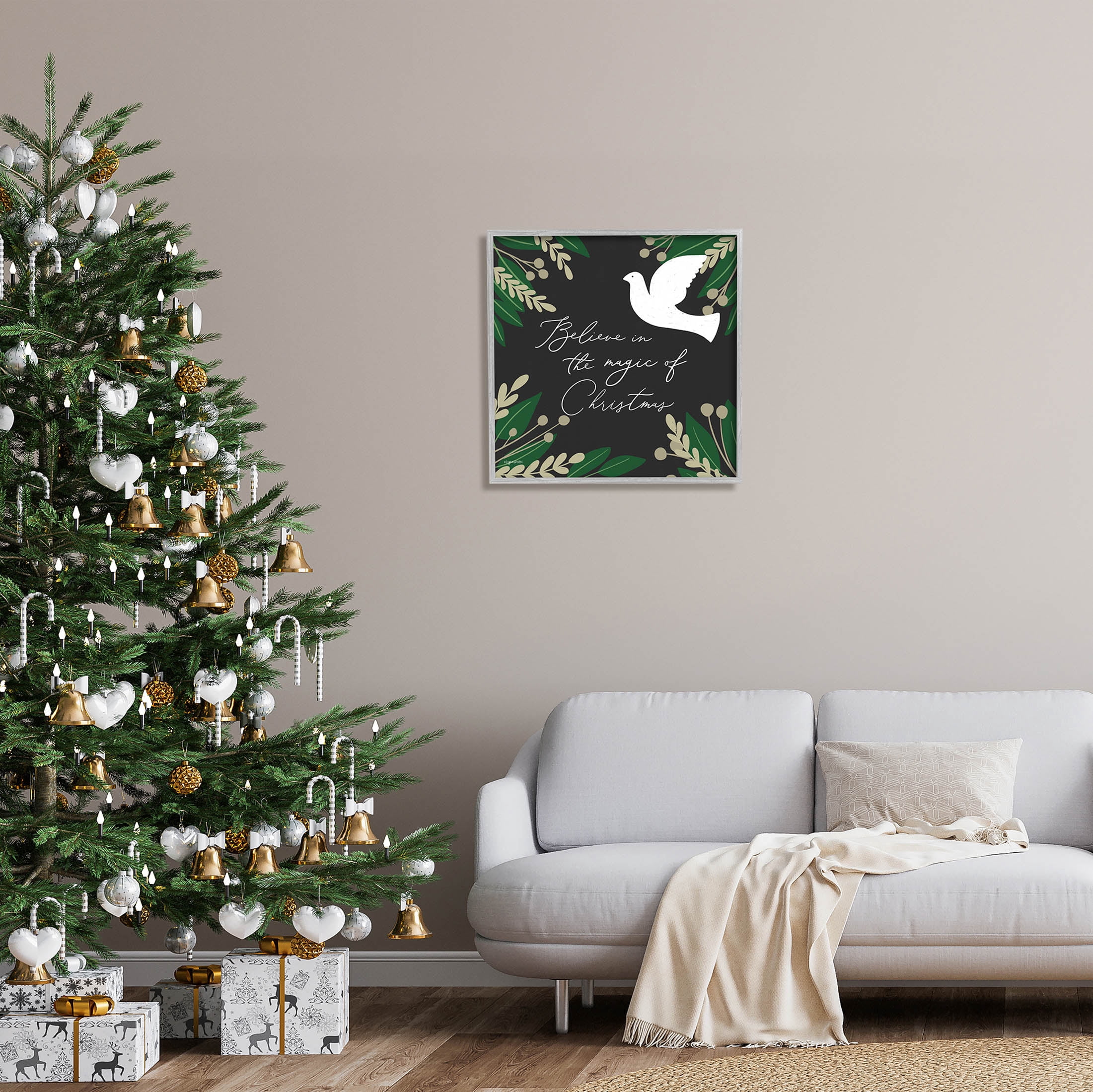 Stupell Industries Magic Of Christmas Botanical Dove Graphic Art Gray Framed Art Print Wall Art, Design by Kyra Brown